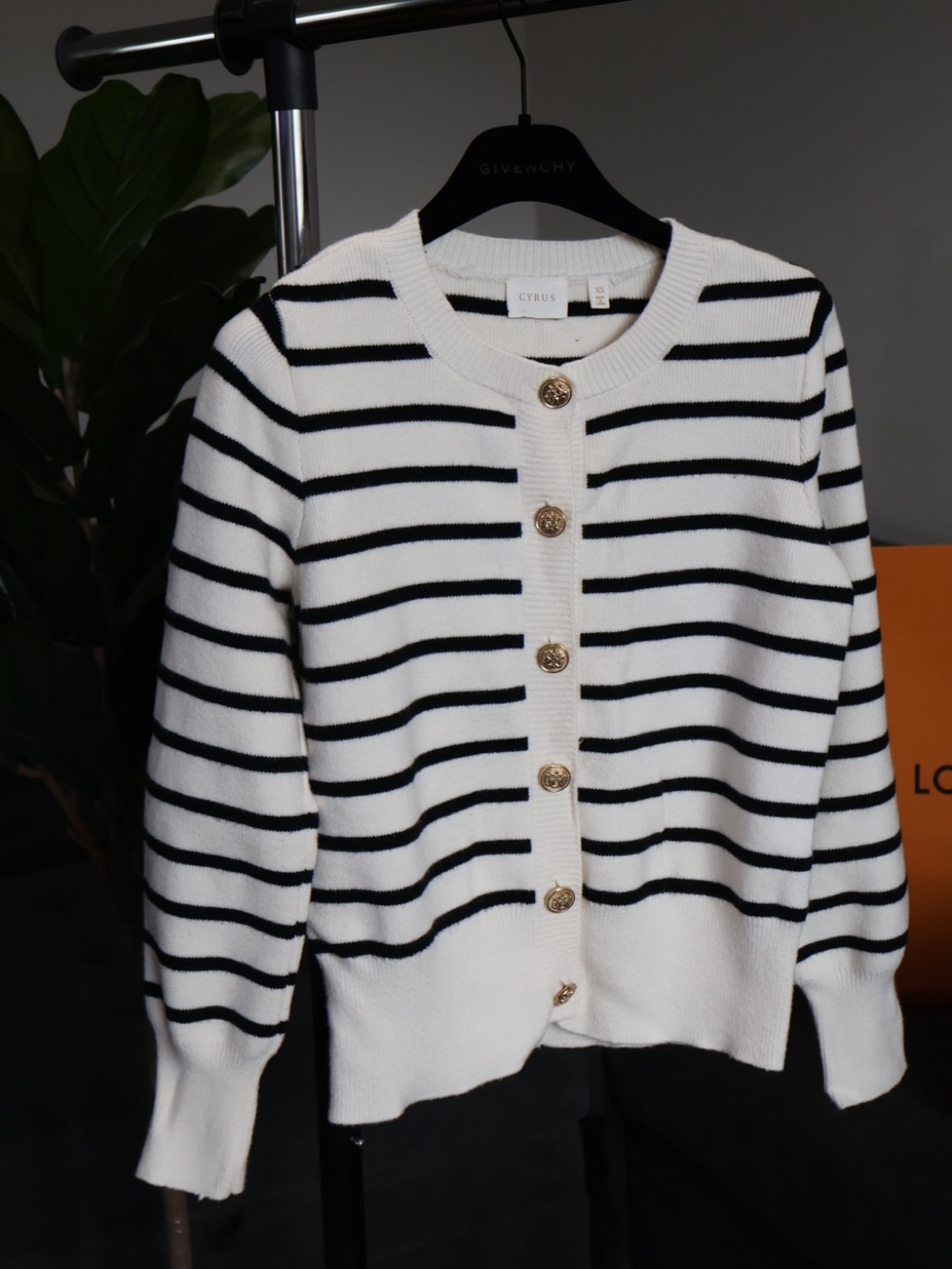 Chanel Style Black & White Striped Cardigan with Gold Buttons